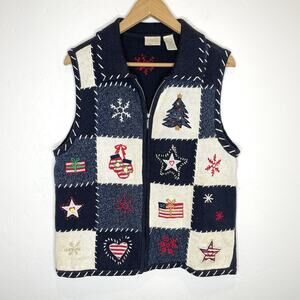 Erika Holiday Zip Up Sweater Best Womens Large Black Navy Blue